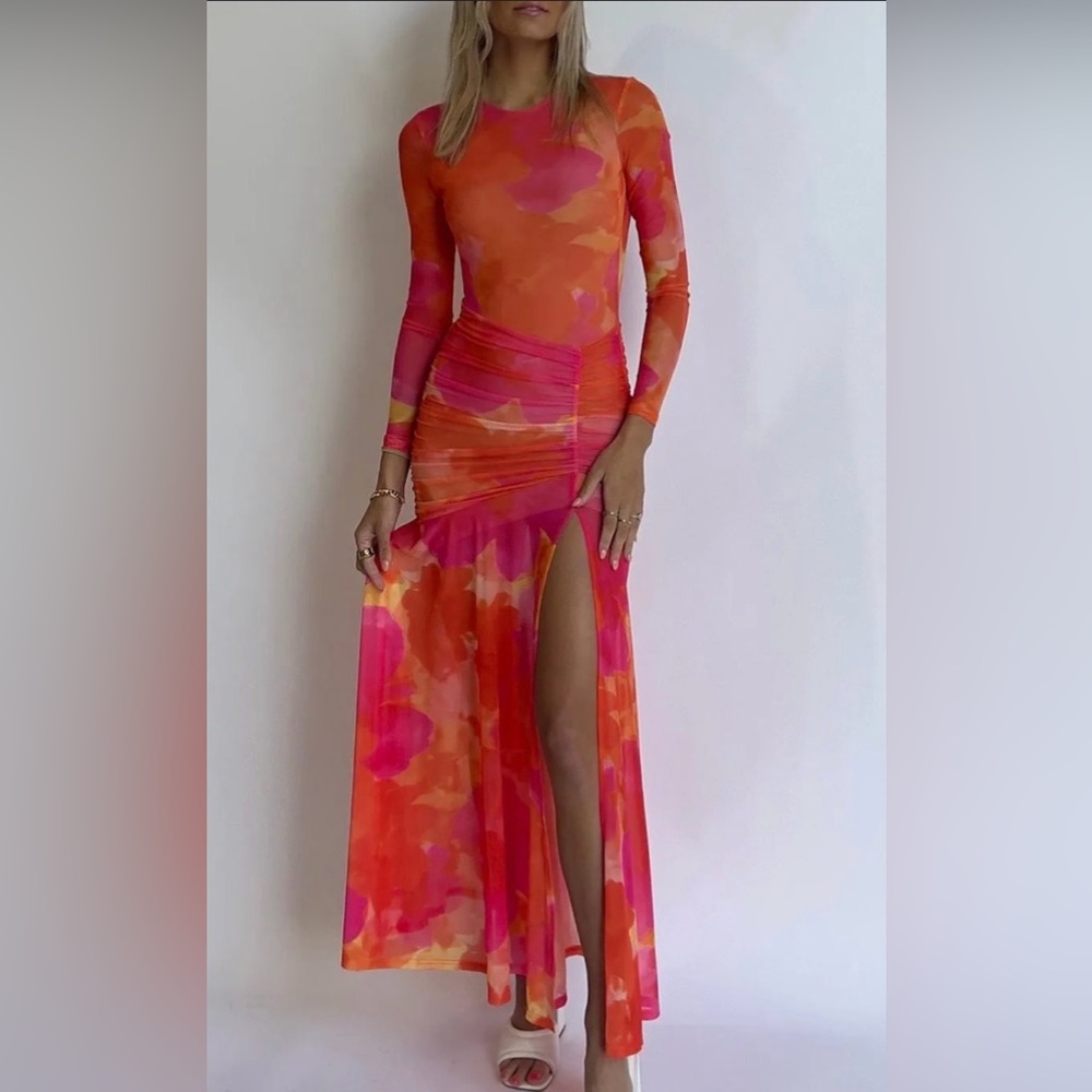 Yllw The Label Olivia Mesh Red Pink Yellow Maxi Slit Bodycon Dress Womens Small